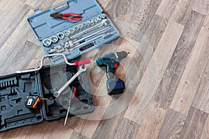 Tool box. Toolset with interior compartments to keep wrenches, ring spanners, hammer, pliers, screwdrivers, monkey