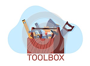 Tool box. Wooden container with different instruments for mechanic and carpenter. Hammer, saw and wrenches in chest