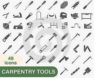 Tool for carpentry workshop. Collection of dark full icons of carpentry tools. Vector illustration