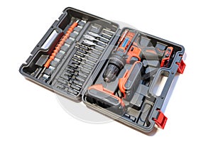 Tool case with electric drill of batteries without cables and different bits and screwdrivers.