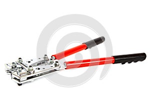 Tool for crimping electrical cables on white background