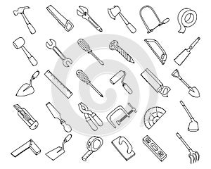 Tool Doodle vector icon set. Drawing sketch illustration hand drawn line eps10