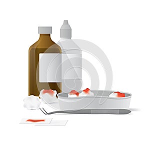 Tool and equipment for clean the wound illustration vector on white background. Medical concept.