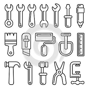 Tool Icon Set on White Background. Line Style Vector photo