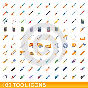 100 tool icons set, cartoon style