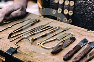 Tool kit surgeon ancient doctor tweezers scalpel close-up design base