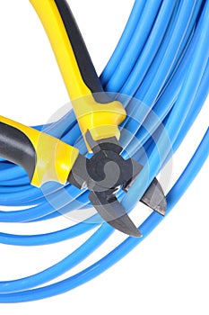 Tool pliers cutting blue cable