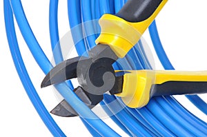 Tool pliers cutting blue cable