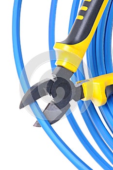 Tool pliers cutting blue cable