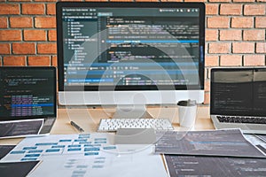 Tool of Professional Developer programmer working a software website design and coding technology, writing codes and database in
