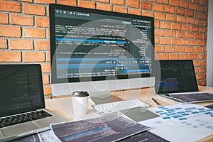 Tool of Professional Developer programmer working a software website design and coding technology, writing codes and database in