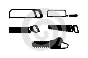 Tool saw icon set with handsaw, backsaw, coping saw, hacksaw, chainsaw clip art logo vector