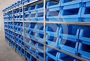 Tool Storage Box and Tool Chests Protective cases for tools and devices. blue plastic Storage boxes on Shelf for