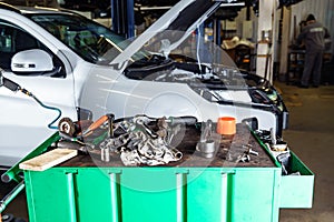 Tool table in car service station.