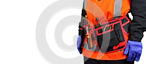 toolbelt on worker or repairman close up isolated on white