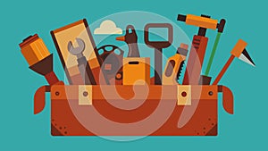 A toolbox filled with old rusted tools repurposed into unconventional drawing utensils.. Vector illustration. photo