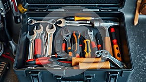 A toolbox full of tools including a hammer, pliers, and wrenches