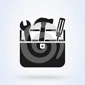 Toolbox with instruments inside. Workman`s toolkit. Workbox in icon style. Vector illustration