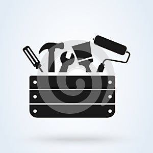 Toolbox with instruments inside. Workman`s toolkit. Workbox in icon style. Vector illustration