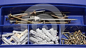 Toolbox with screws and dowels