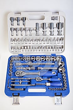 Toolbox with several different tools. Plastic case with different tools