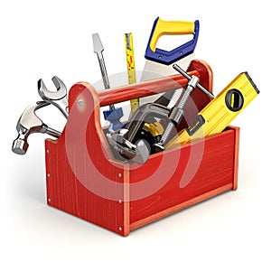 Toolbox with tools on white background.