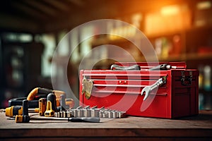 Toolbox with tools on a wooden table in a car repair shop