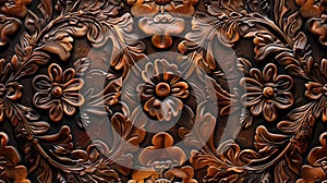 a tooled brown leather seamless pattern, capturing its intricate details and rich texture. SEAMLESS PATTERN