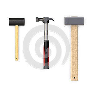 Tooling of hammers of different types on white background. 3d rendering.