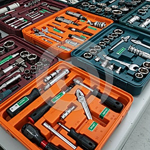 Toolkits are displayed on a table, each containing assorted hand tools like wrenches,