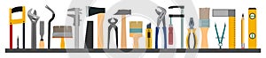 Tools background horizontal. Isolated vector objects. Instuments carpenter, home master, handyman. Repair of premises, buildings.