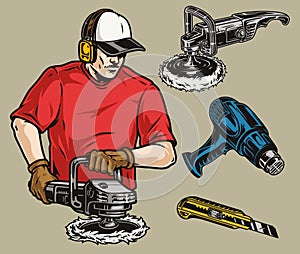 Tools of buffing worker colorful elements set photo