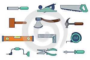 Carpenter tools vector set of flat icons isolated on white background