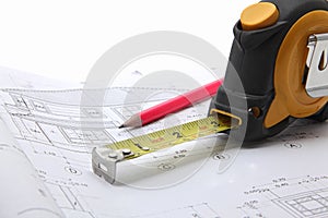 Tools with construction blueprint