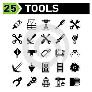 Tools construction icon set include brush, paint, painting, wall, construction, safety, jacket, vest, protection, jackhammer,