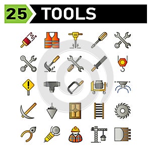 Tools construction icon set include brush, paint, painting, wall, construction, safety, jacket, vest, protection, jackhammer,