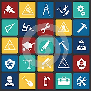 Tools and Construction set on color squares flat background