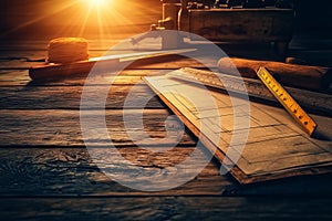 Tools for Crafting and Design: Scissors, Tape, Measure, and Sewing Machine on a Workbench