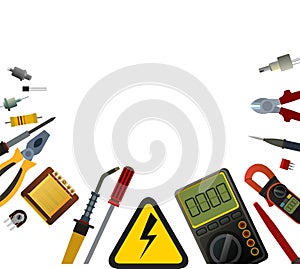 Tools for electrician. Frame picture. Repair of radio electronic and microprocessor equipment. Spare parts components