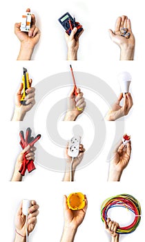 Tools for electricians in hand collage. Selective focus.
