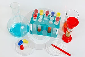 Tools and equipment for biochemical research on white background