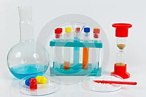 Tools and equipment for biochemical studies on white background