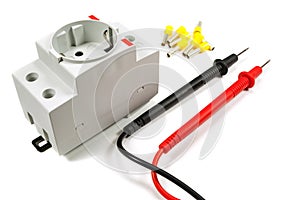 Tools and equipment for electrical work on a white background