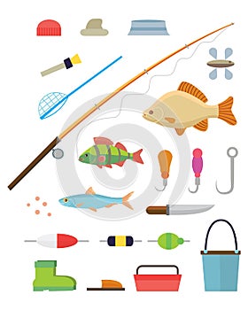 Tools for fishing icons set on white background vector illustration