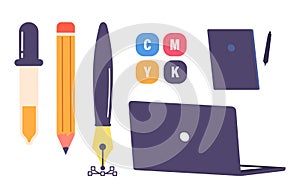 Tools and Gadgets for Creating Images. Pipette, Pencil, Nib Pen, Tablet, Laptop and CMYK Palette Vector Illustration