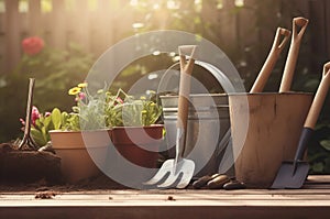 Tools gardening pots. Generate AI