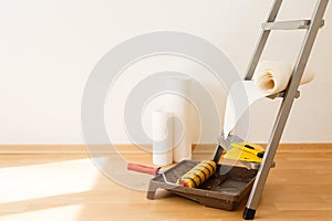 Tools for gluing wallpapers. Renovation photo