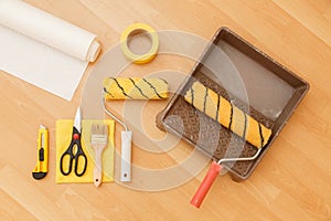 Tools for gluing wallpapers. Renovation photo