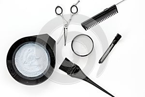 Tools for hair dye and hairdye top view white background