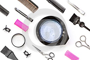 Tools for hair dye and hairdye top view white background